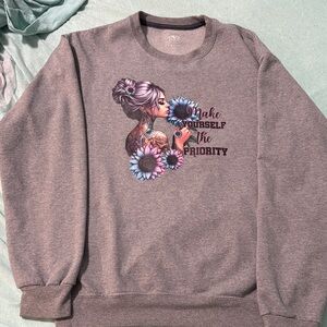Gray Crewneck Sweatshirt – “Make Yourself the Priority” Graphic – Size Small